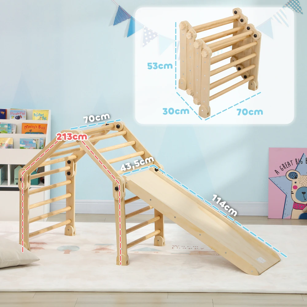 AIYAPLAY 3-in-1 laipynių rinkinys su čiuožykla, laipiojimo trikampis čiuožimui ir laipiojimui, medinis laipiojimo žaislas, vaikams 1,5-4 metų, vidaus, įvairiaspalvis