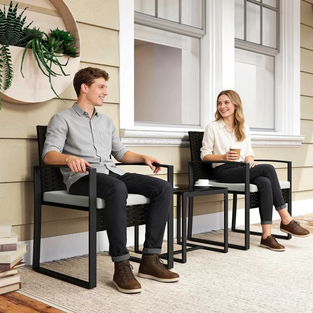 Lauko baldų komplektas Bistro komplektas juoda/ruda/kreminė 3 vnt.