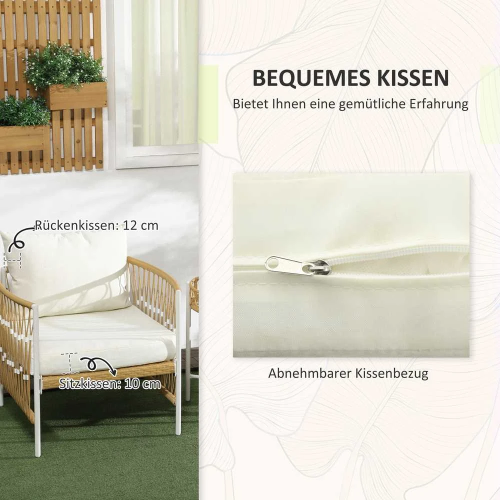 Lauko baldų komplektas Outsunny 3 dalių rataninių sodo baldų komplektas, sodo baldai su 2 kėdėmis, žurnaliniu staliuku, balkono baldų rinkinys su pagalvėlėmis, balkonui, terasai, geltona+kreminė spalva