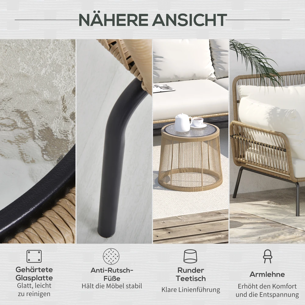 Lauko baldų komplektas Outsunny 3 dalių rotango sodo baldų komplektas, 2 vietų sofa su šezlongu ir staliuku