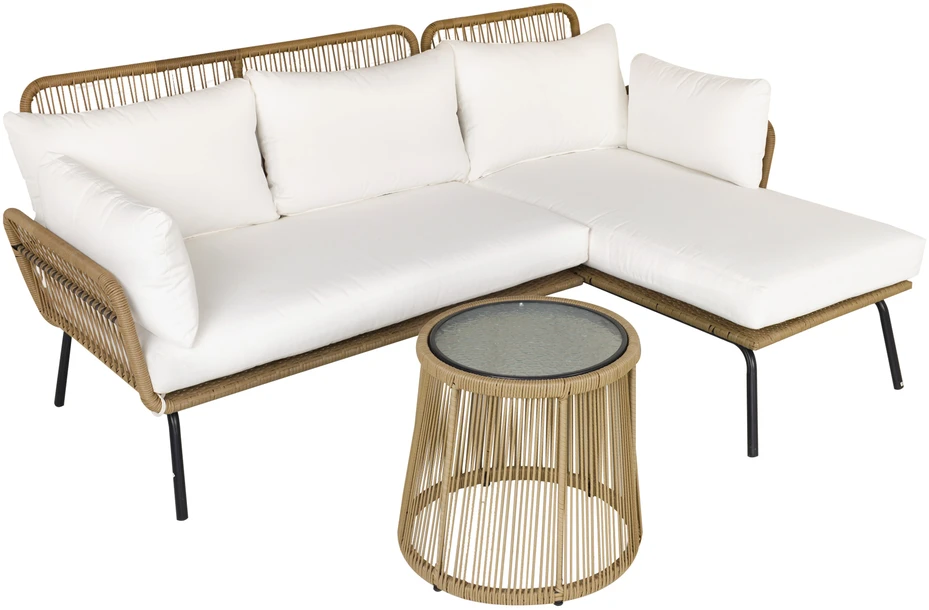 Lauko baldų komplektas Outsunny 3 dalių rotango sodo baldų komplektas, 2 vietų sofa su šezlongu ir staliuku