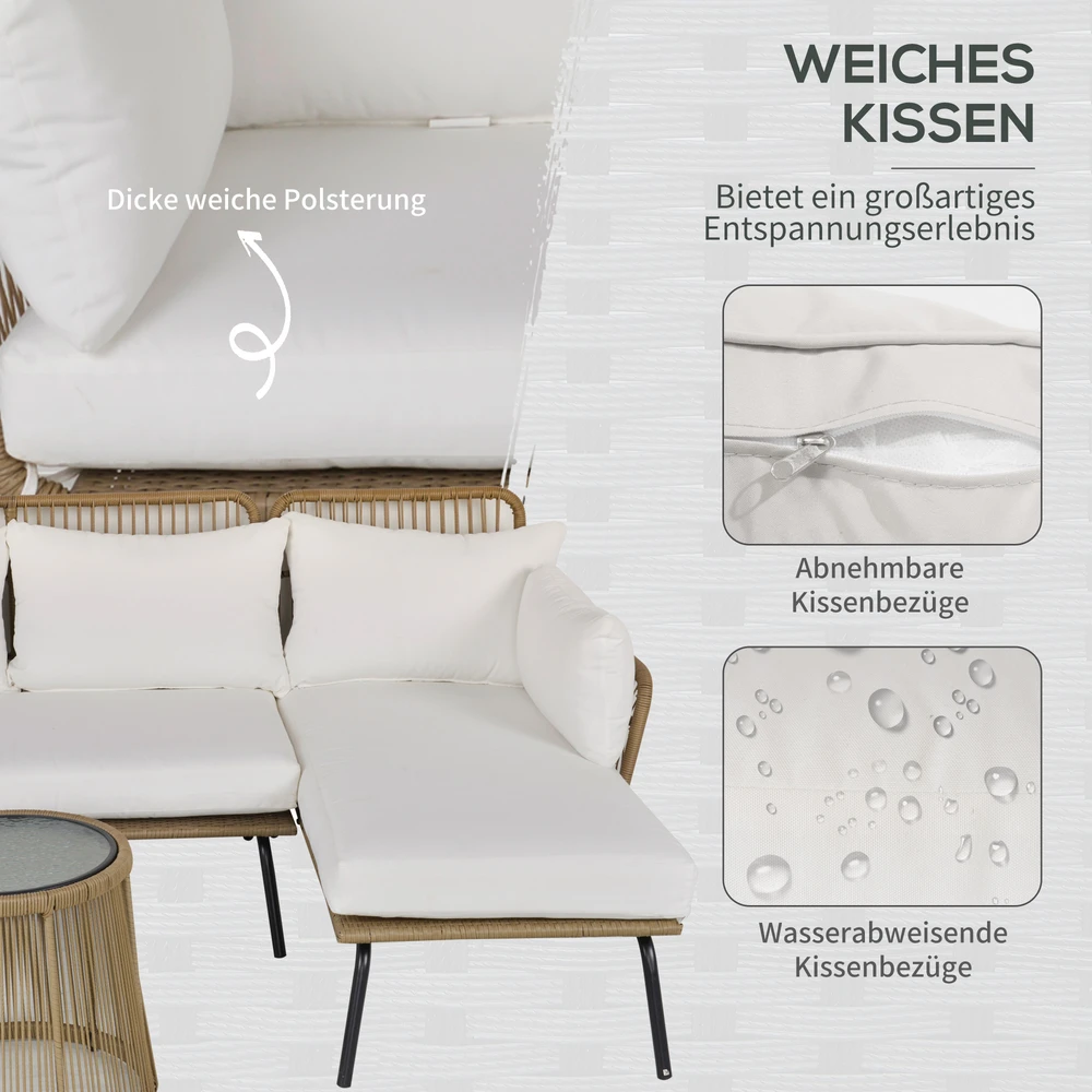 Lauko baldų komplektas Outsunny 3 dalių rotango sodo baldų komplektas, 2 vietų sofa su šezlongu ir staliuku