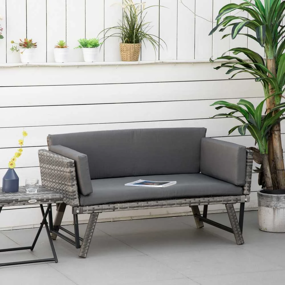 Outsunny poliratano 2-vietė sodo sofa, pilka, su atlenkiamais porankiais, plienas, 129x63x67 cm, skirta sodui ir terasai