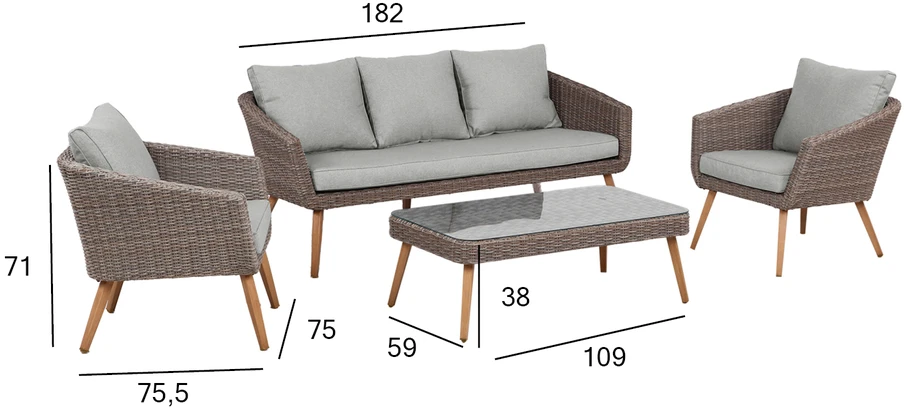 Lauko baldų komplektas Home4You Sodo baldų komplektas NORVEGIJA kavos staliukas, sofa, 2 kėdės