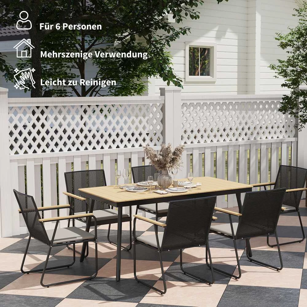 Lauko baldų komplektas Outsunny 7 dalių sėdimų baldų komplektas, metalinis valgomojo komplektas 6 asmenims, valgomasis stalas su 6 kėdėmis, virtuvės baldų komplektas su metaliniu rėmu, balkono baldai, sodo baldai terasai, natūralaus medžio spalvos