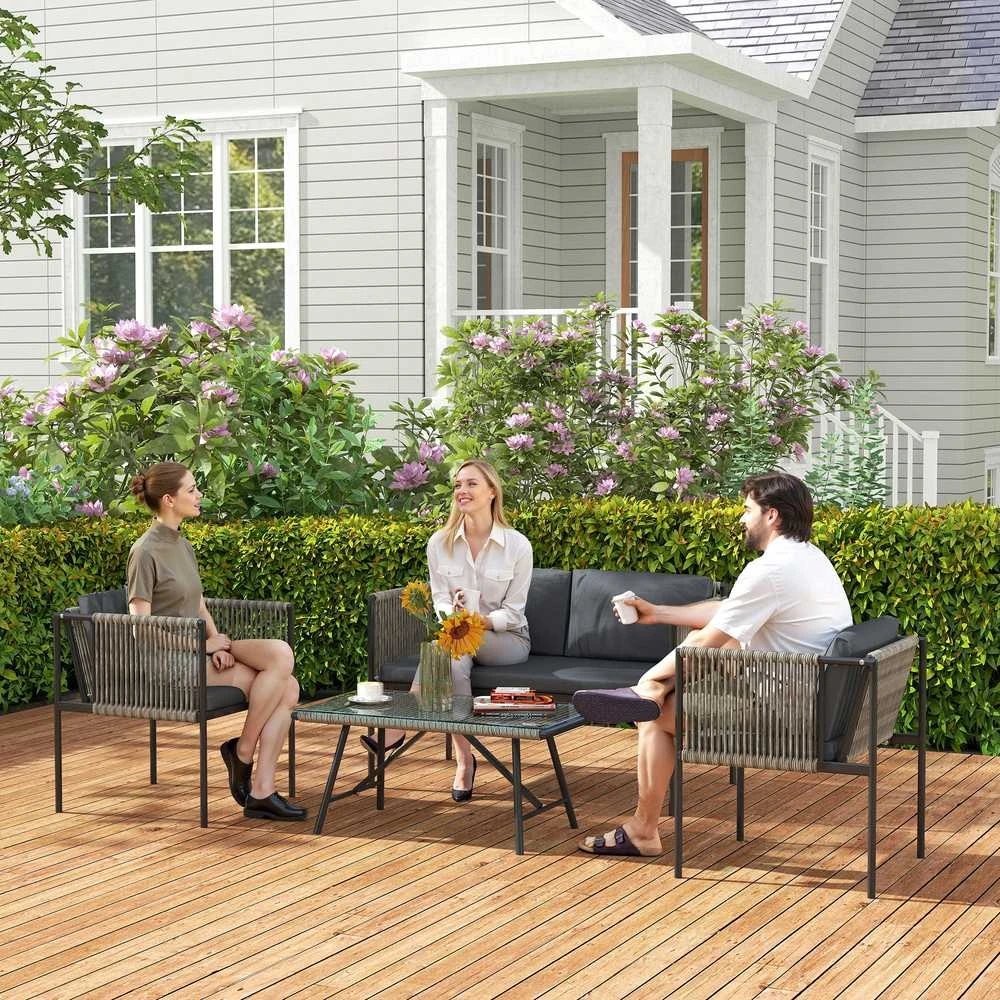 Lauko baldų komplektas „Outsunny“ polirango sodo baldų komplektas, poilsio baldų rinkinys su 2 vietų sofa, foteliu, stikliniu stalu, pagalvėlėmis, atsparus oro sąlygoms, balkonų baldai 4 asmenims, lauko sėdimoji grupė, terasos baldai sodui, balkonui, pilkas