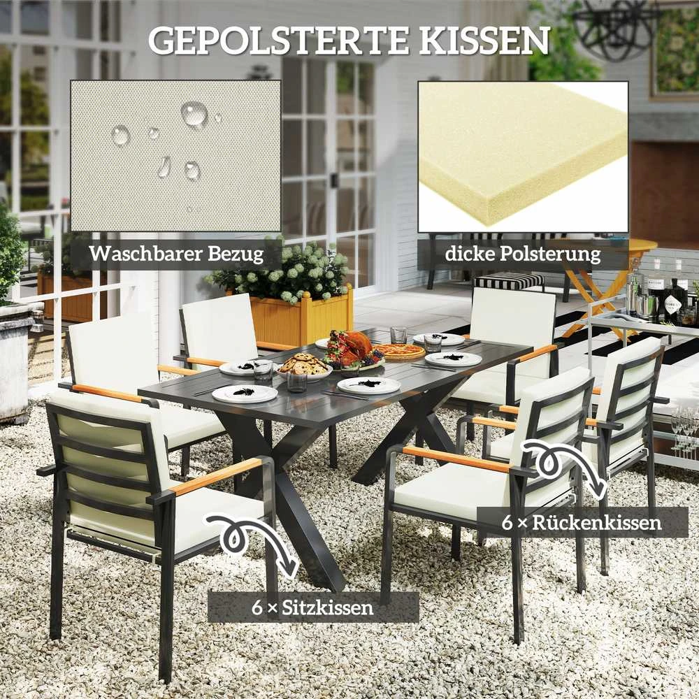 Lauko baldų komplektas Outsunny sodo baldų komplektas 6 asmenims, 6 kėdės, 1 stalas, atsparus oro sąlygoms, 175 cm x 92,5 cm x 73 cm, juodas + pilkas
