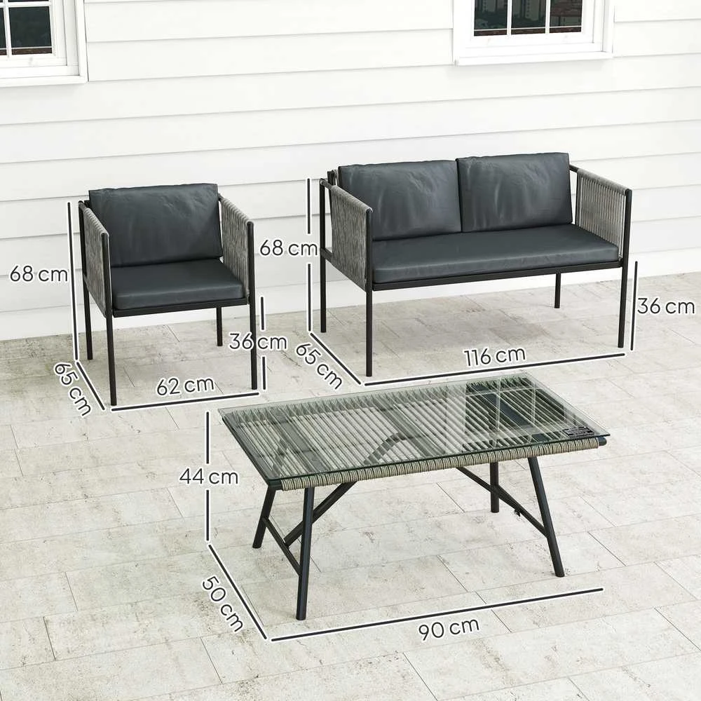 Lauko baldų komplektas „Outsunny“ polirango sodo baldų komplektas, poilsio baldų rinkinys su 2 vietų sofa, foteliu, stikliniu stalu, pagalvėlėmis, atsparus oro sąlygoms, balkonų baldai 4 asmenims, lauko sėdimoji grupė, terasos baldai sodui, balkonui, pilkas