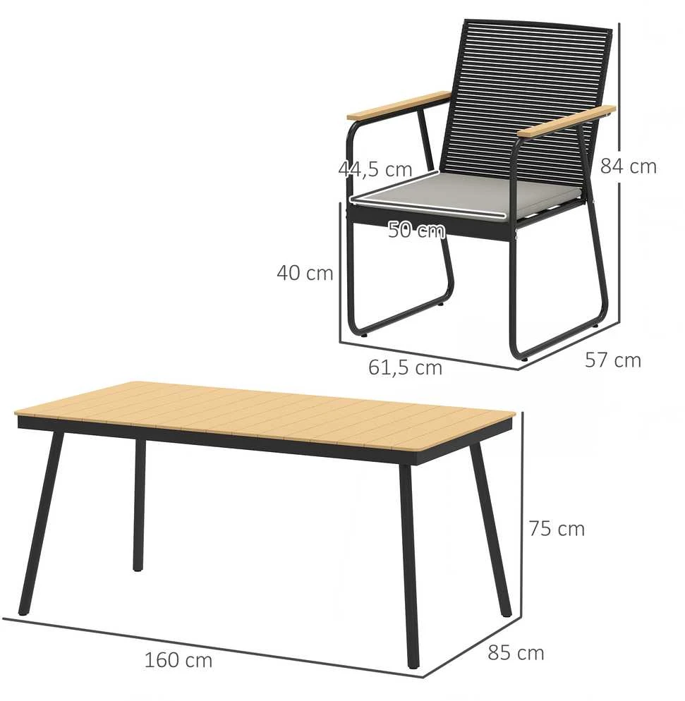 Lauko baldų komplektas Outsunny 7 dalių sėdimų baldų komplektas, metalinis valgomojo komplektas 6 asmenims, valgomasis stalas su 6 kėdėmis, virtuvės baldų komplektas su metaliniu rėmu, balkono baldai, sodo baldai terasai, natūralaus medžio spalvos