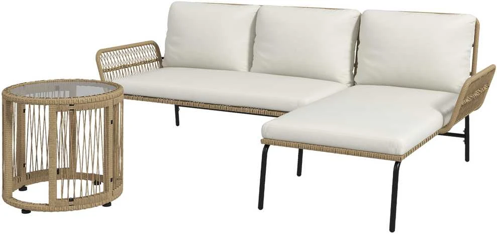 Lauko baldų komplektas Outsunny Rotango sodo baldų komplektas, sodo baldų rinkinys su gultu, kavos staliuku, dviviete sofa ir sėdynės pagalvėlėmis, kreminės spalvos