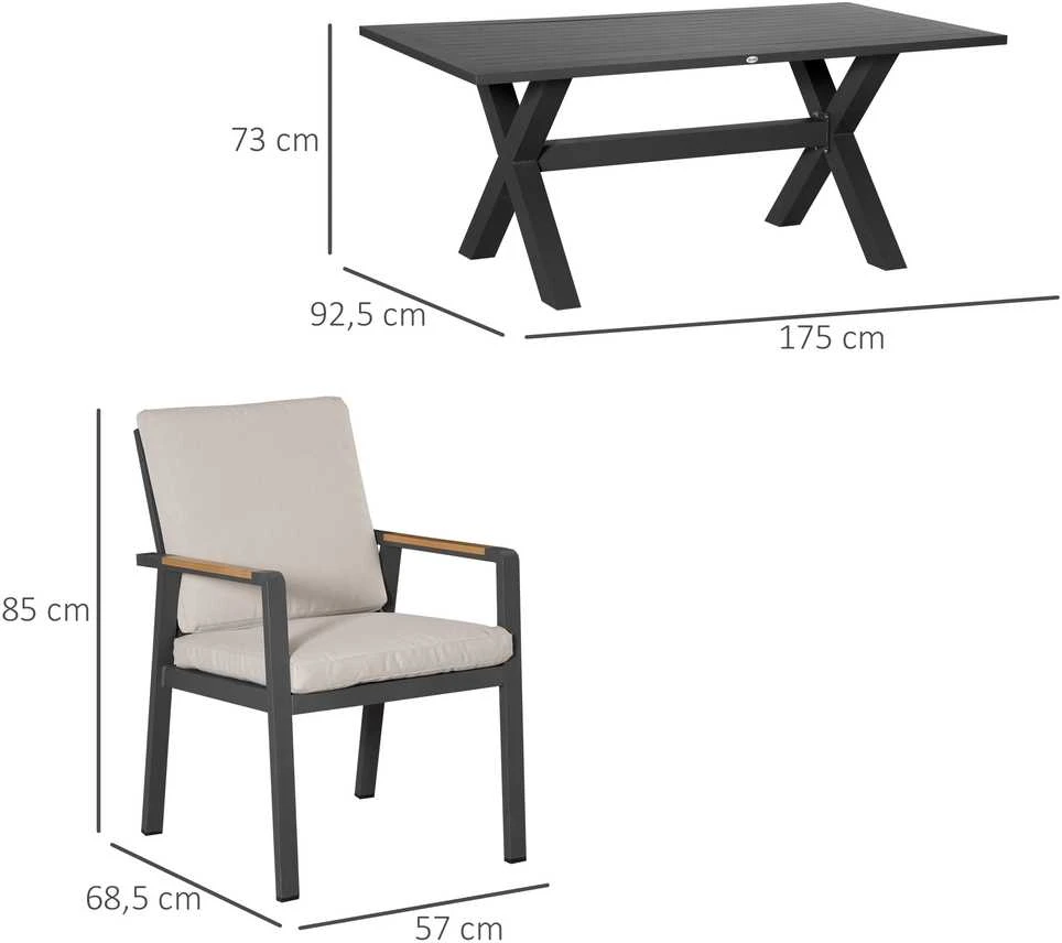 Lauko baldų komplektas Outsunny sodo baldų komplektas 6 asmenims, 6 kėdės, 1 stalas, atsparus oro sąlygoms, 175 cm x 92,5 cm x 73 cm, juodas + pilkas