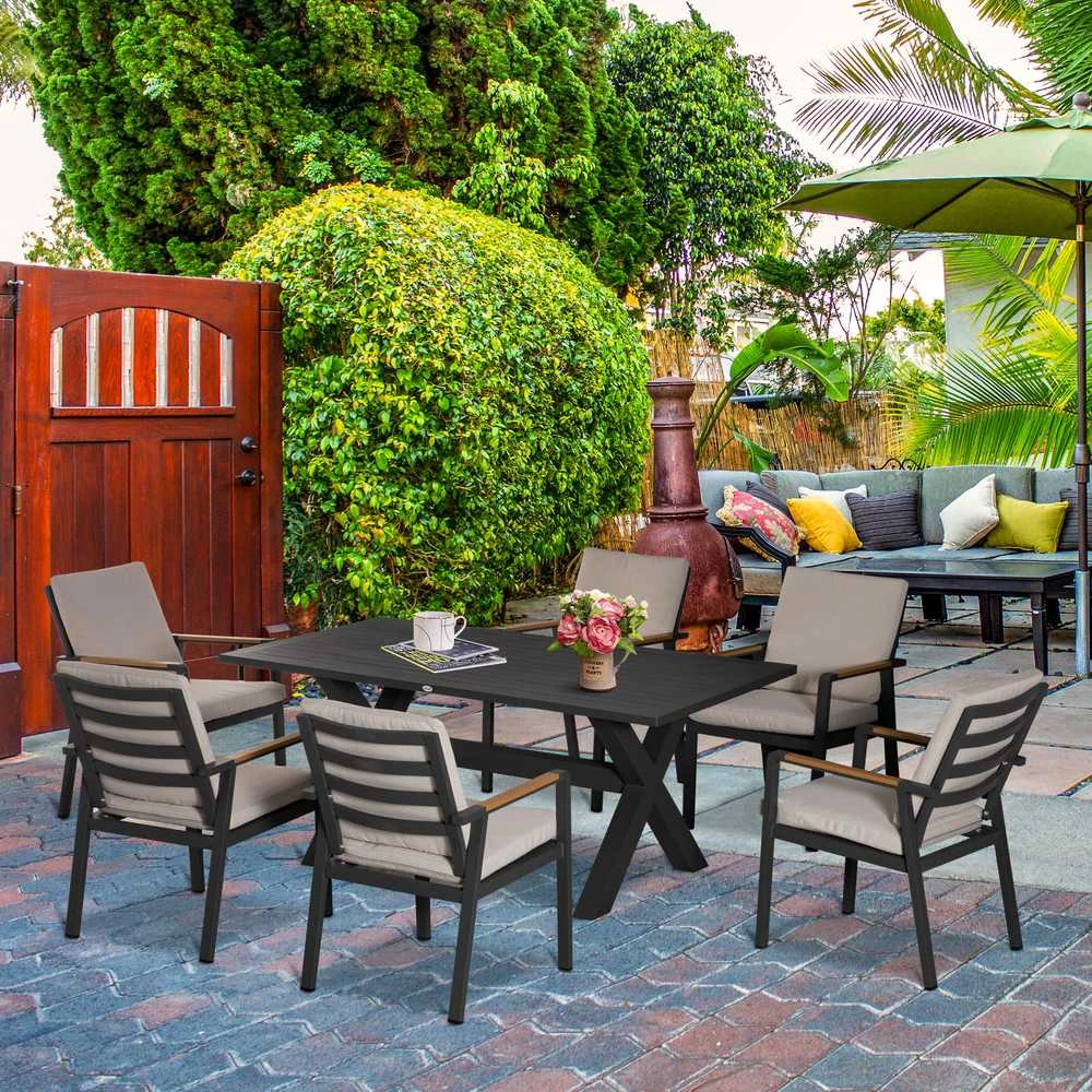 Lauko baldų komplektas Outsunny sodo baldų komplektas 6 asmenims, 6 kėdės, 1 stalas, atsparus oro sąlygoms, 175 cm x 92,5 cm x 73 cm, juodas + pilkas
