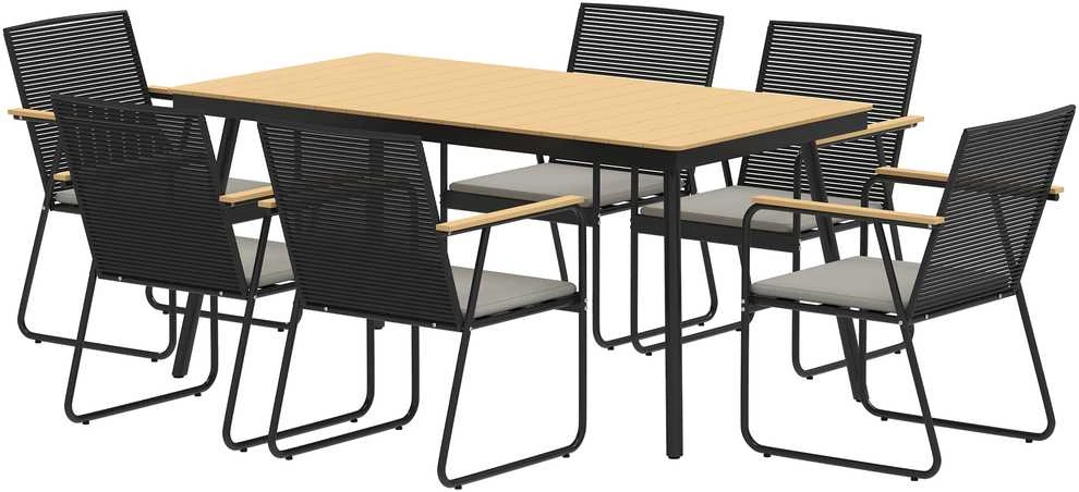 Lauko baldų komplektas Outsunny 7 dalių sėdimų baldų komplektas, metalinis valgomojo komplektas 6 asmenims, valgomasis stalas su 6 kėdėmis, virtuvės baldų komplektas su metaliniu rėmu, balkono baldai, sodo baldai terasai, natūralaus medžio spalvos