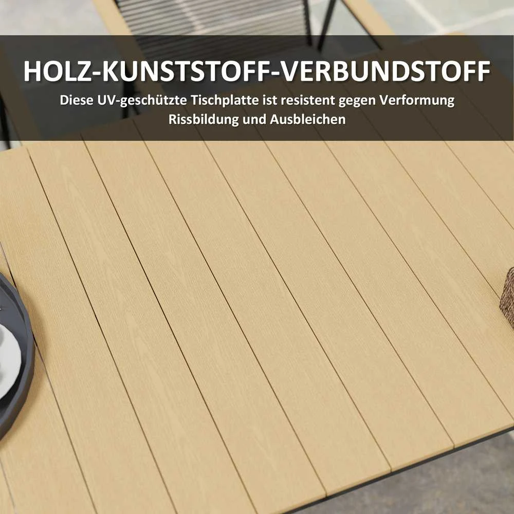 Lauko baldų komplektas Outsunny 7 dalių sėdimų baldų komplektas, metalinis valgomojo komplektas 6 asmenims, valgomasis stalas su 6 kėdėmis, virtuvės baldų komplektas su metaliniu rėmu, balkono baldai, sodo baldai terasai, natūralaus medžio spalvos