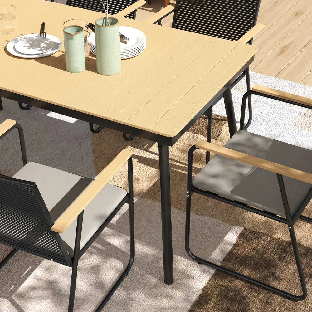 Lauko baldų komplektas Outsunny 7 dalių sėdimų baldų komplektas, metalinis valgomojo komplektas 6 asmenims, valgomasis stalas su 6 kėdėmis, virtuvės baldų komplektas su metaliniu rėmu, balkono baldai, sodo baldai terasai, natūralaus medžio spalvos
