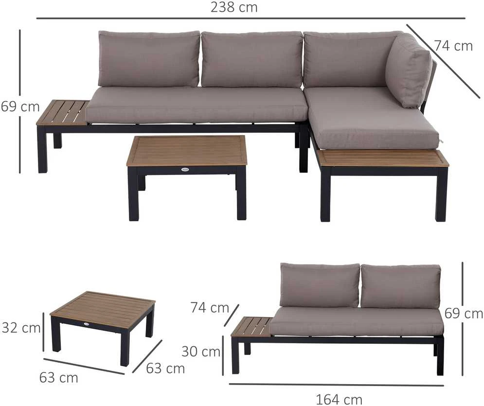 Lauko baldų komplektas Outsunny 3 dalių sodo baldų komplektas su šoniniu staliuku, sofa su pagalvėlėmis, lauko, aliuminis, 164 x 74 x 69 cm