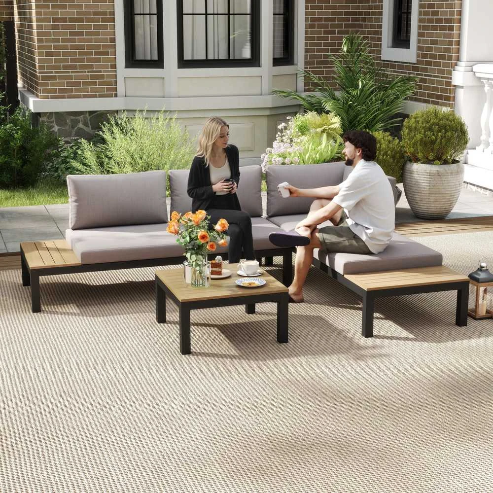 Lauko baldų komplektas Outsunny 3 dalių sodo baldų komplektas su šoniniu staliuku, sofa su pagalvėlėmis, lauko, aliuminis, 164 x 74 x 69 cm