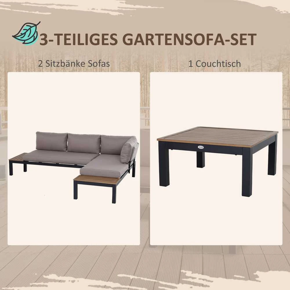 Lauko baldų komplektas Outsunny 3 dalių sodo baldų komplektas su šoniniu staliuku, sofa su pagalvėlėmis, lauko, aliuminis, 164 x 74 x 69 cm