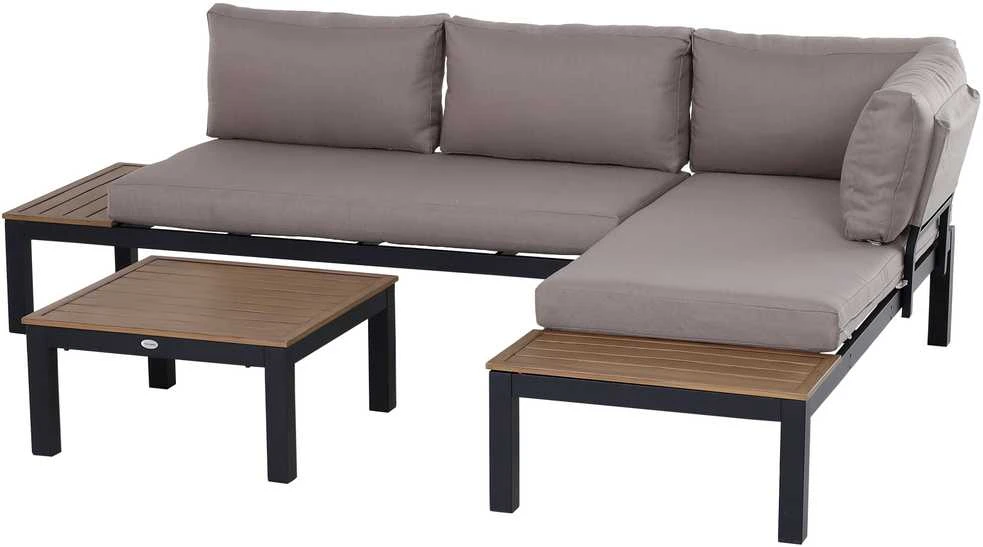Lauko baldų komplektas Outsunny 3 dalių sodo baldų komplektas su šoniniu staliuku, sofa su pagalvėlėmis, lauko, aliuminis, 164 x 74 x 69 cm
