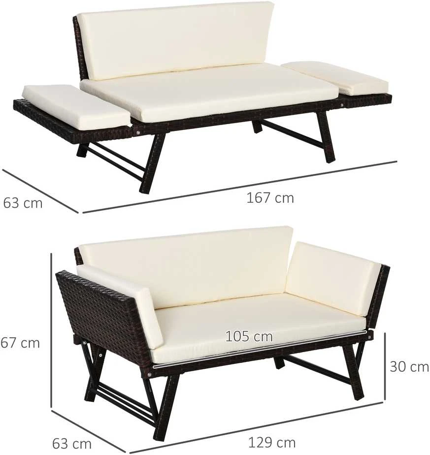 Outsunny poliratano sodo sofa, dvivietė, sodo baldai, poilsio sofa, sodo suoliukas, sulankstoma sodo gultas, porankiai, plienas, ruda, 129 x 63 x 67 cm