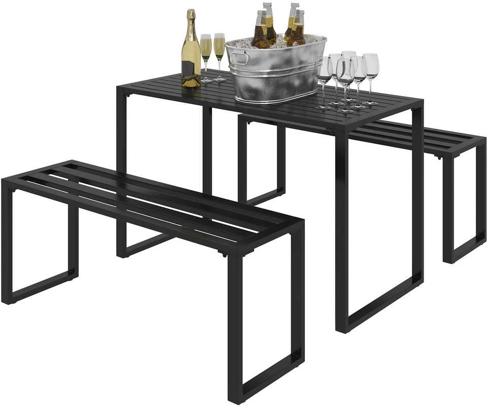 Outsunny 3 dalių lauko baldų komplektas, sodo baldai, 1 x stalas, 2 x suoliukai, metalinis, juodas, 110 x 55 x 70 cm