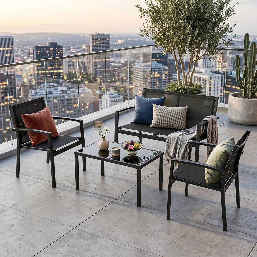 Lauko baldų komplektas su grūdinto stiklo stalu, pilkas, 4 dalių