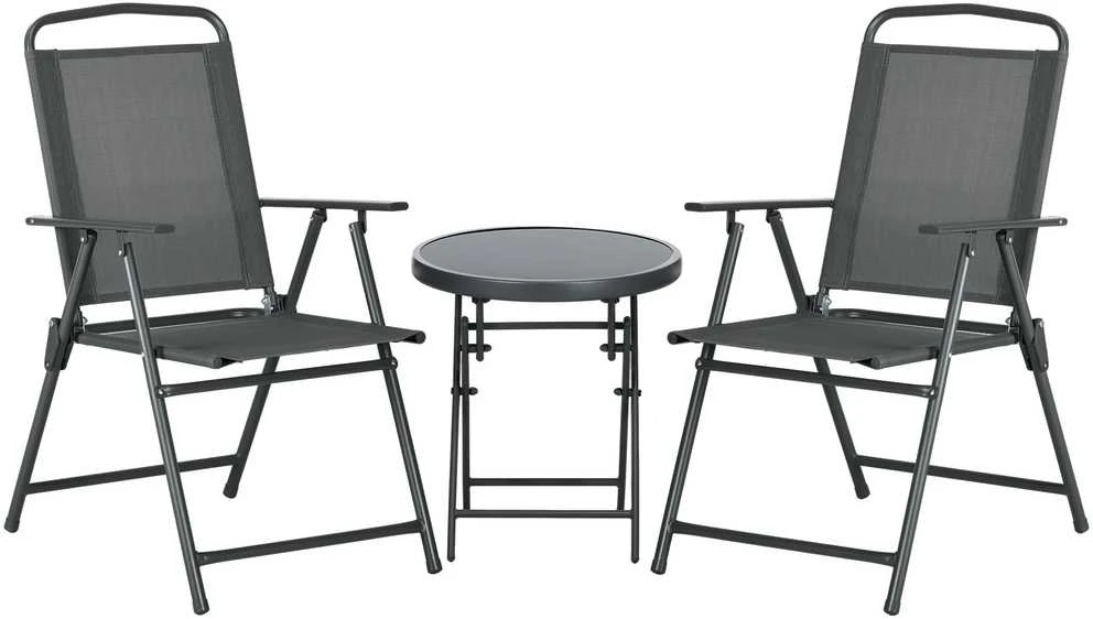 Lauko baldų komplektas Outsunny 3 dalių metalinis bistro komplektas, atsparus oro sąlygoms, su sulankstomu stikliniu stalu ir kėdėmis, sodui, balkonui, tamsiai pilkas