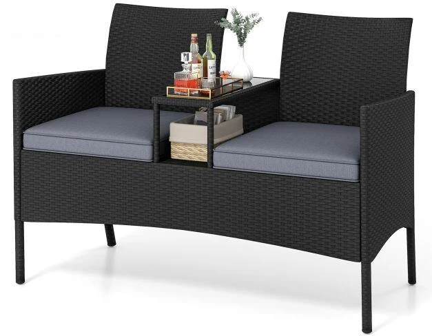 Lauko dvivietis suolas su įmontuotu staliuku ir pagalvėlėmis, juodas/pilkas, 126 × 62 × 84 cm
