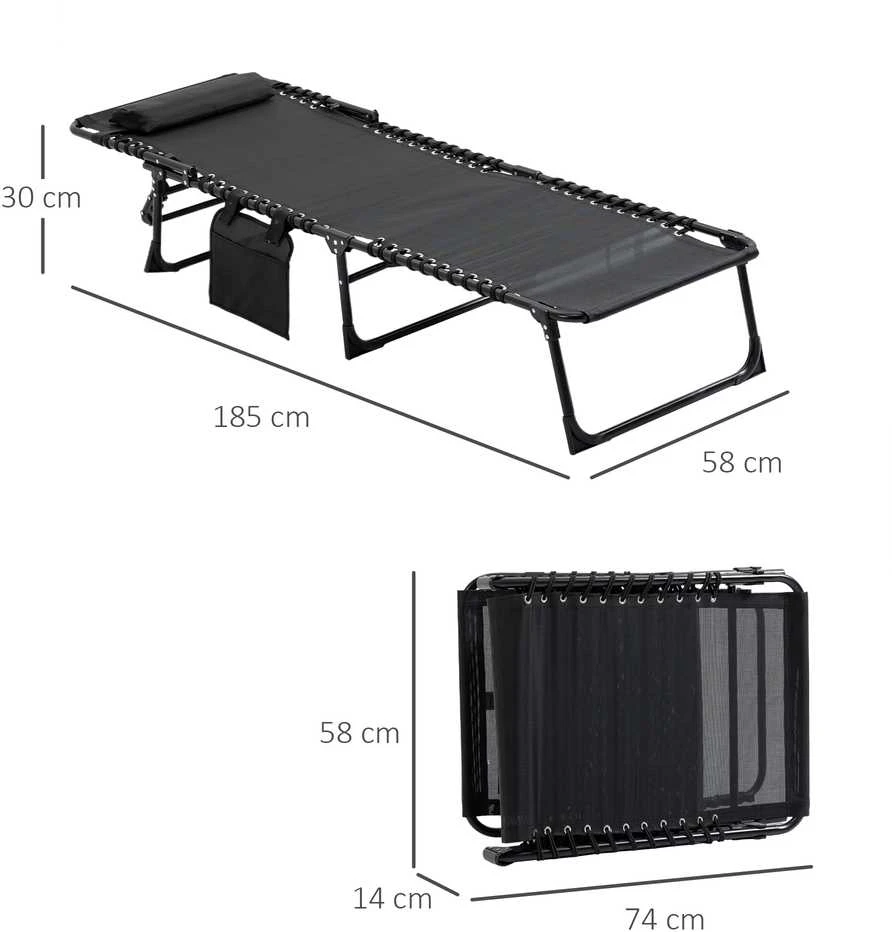 Bez Marki Outsunny sulankstomas gultas, sodo gultas su reguliuojamu atlošu (5 padėtys), nuimama galvos atrama, šonine kišene, audinio užvalkalu ir plieniniu rėmu, 185 x 58 x 30 cm, juodas