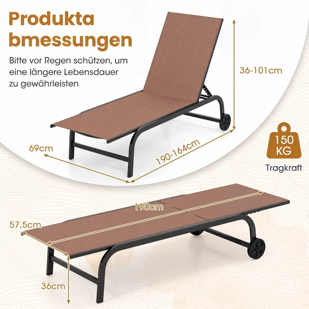 Lauko gultas su ratukais ir 6 padėčių atlošu, rudas, 190–164 × 69 × 36–101 cm