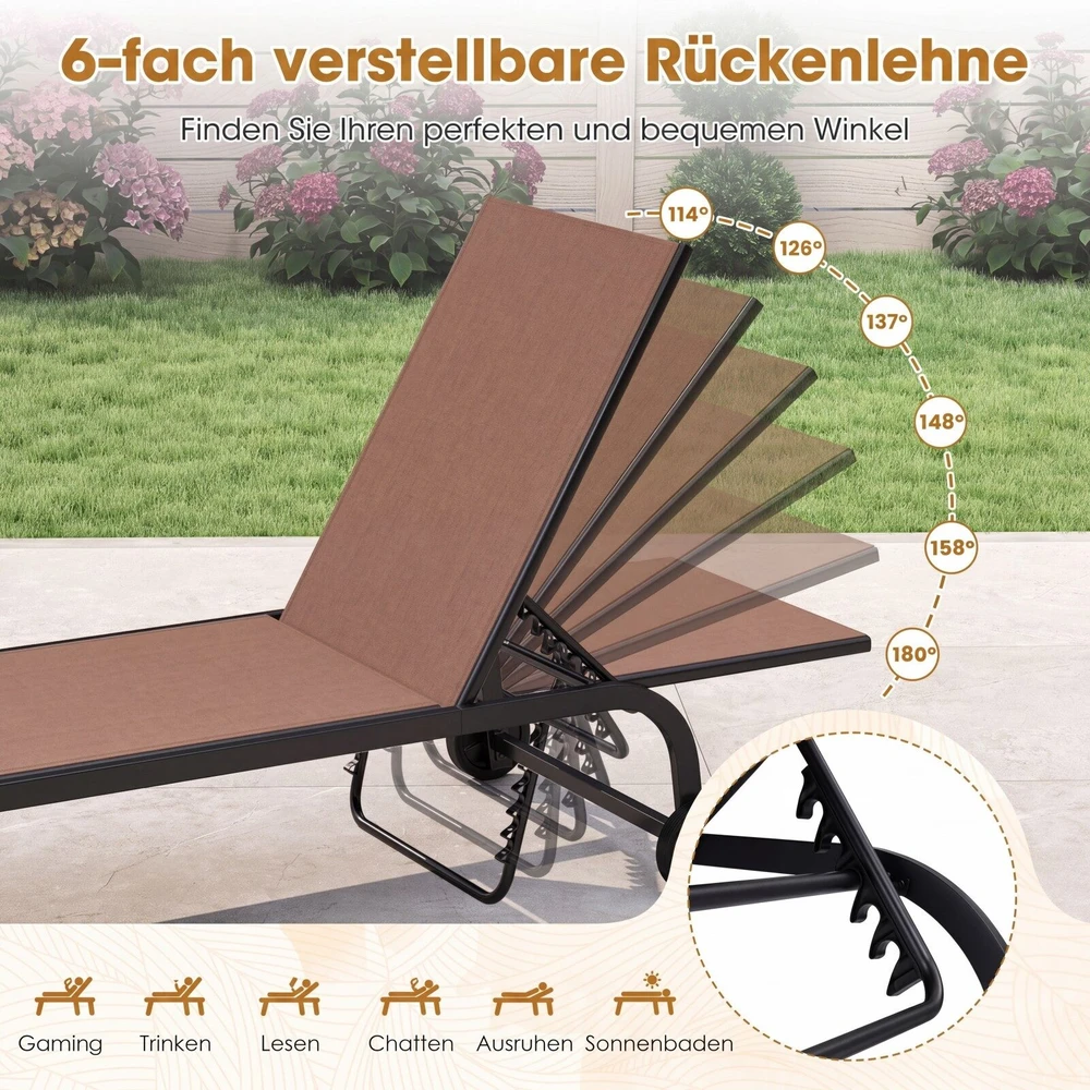 Lauko gultas su ratukais ir 6 padėčių atlošu, rudas, 190–164 × 69 × 36–101 cm