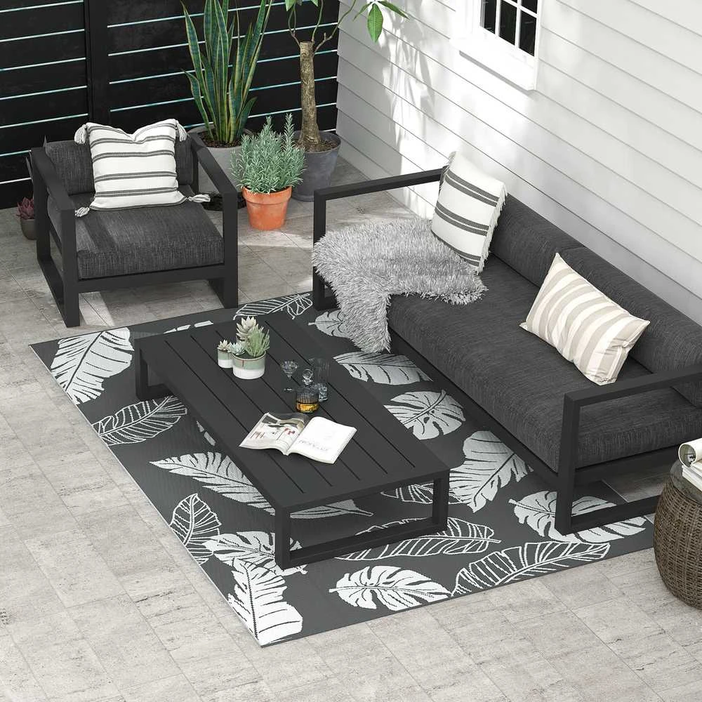Lauko kilimas Outsunny, atsparus oro sąlygoms plastikinis kilimas, dvipusis dizainas balkonui ir terasai, pilka+balta, 182x274cm