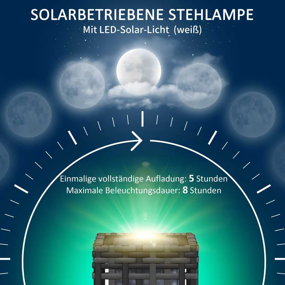 Outsunny saulės energija maitinamas šviestuvas, rotango saulės lempa, vandeniui atsparus takelio šviestuvas su šviesos jutikliu, automatinė LED sodo lempa, lauko šviestuvas balkonui, plienas, pilkas
