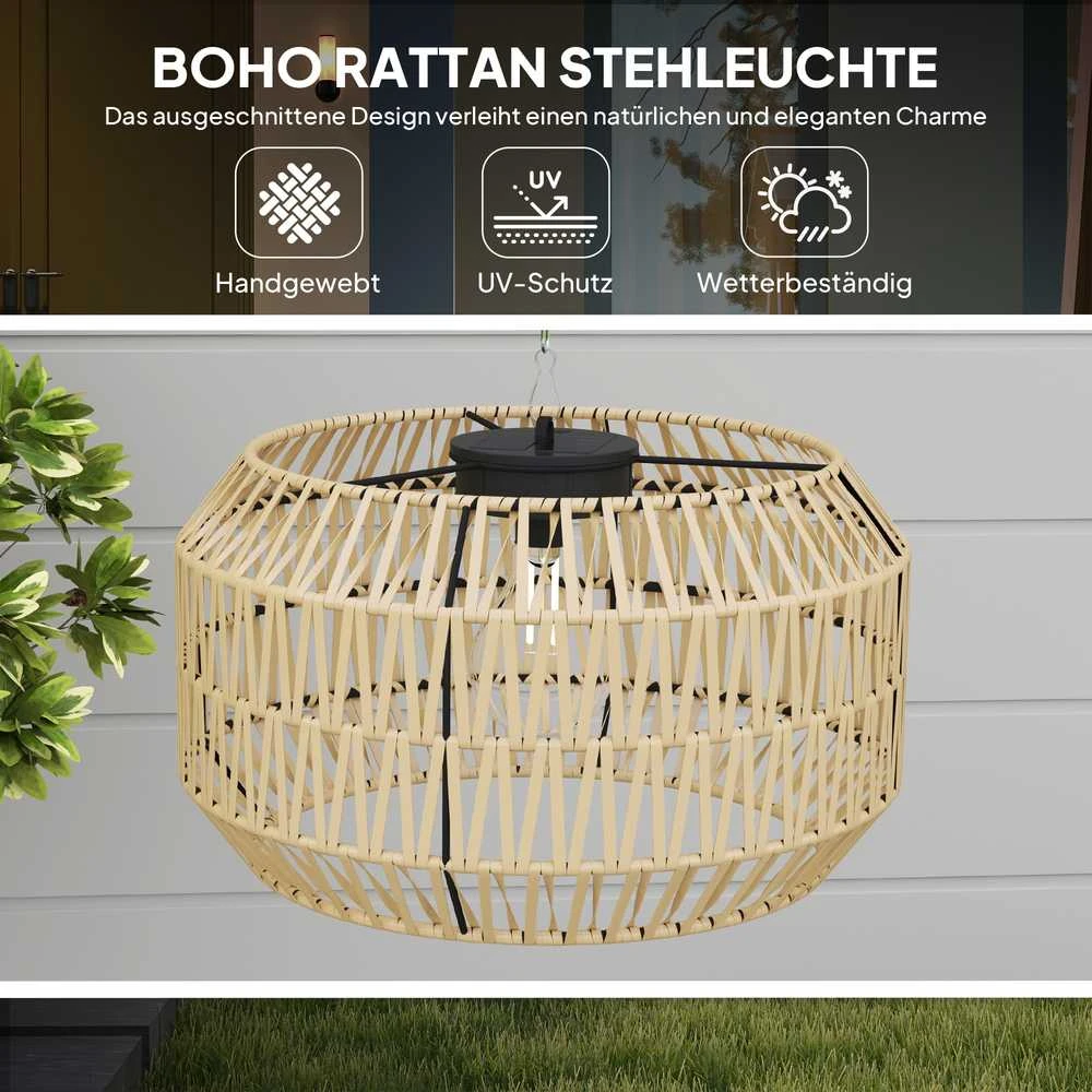 Outsunny saulės energija varoma rotango grindų lempa, saulės šviestuvai su šviesos jutikliu, automatinis boho stiliaus saulės šviestuvas, IP44 atsparus vandeniui, lauko žibintas sodui, balkonui, kiemui