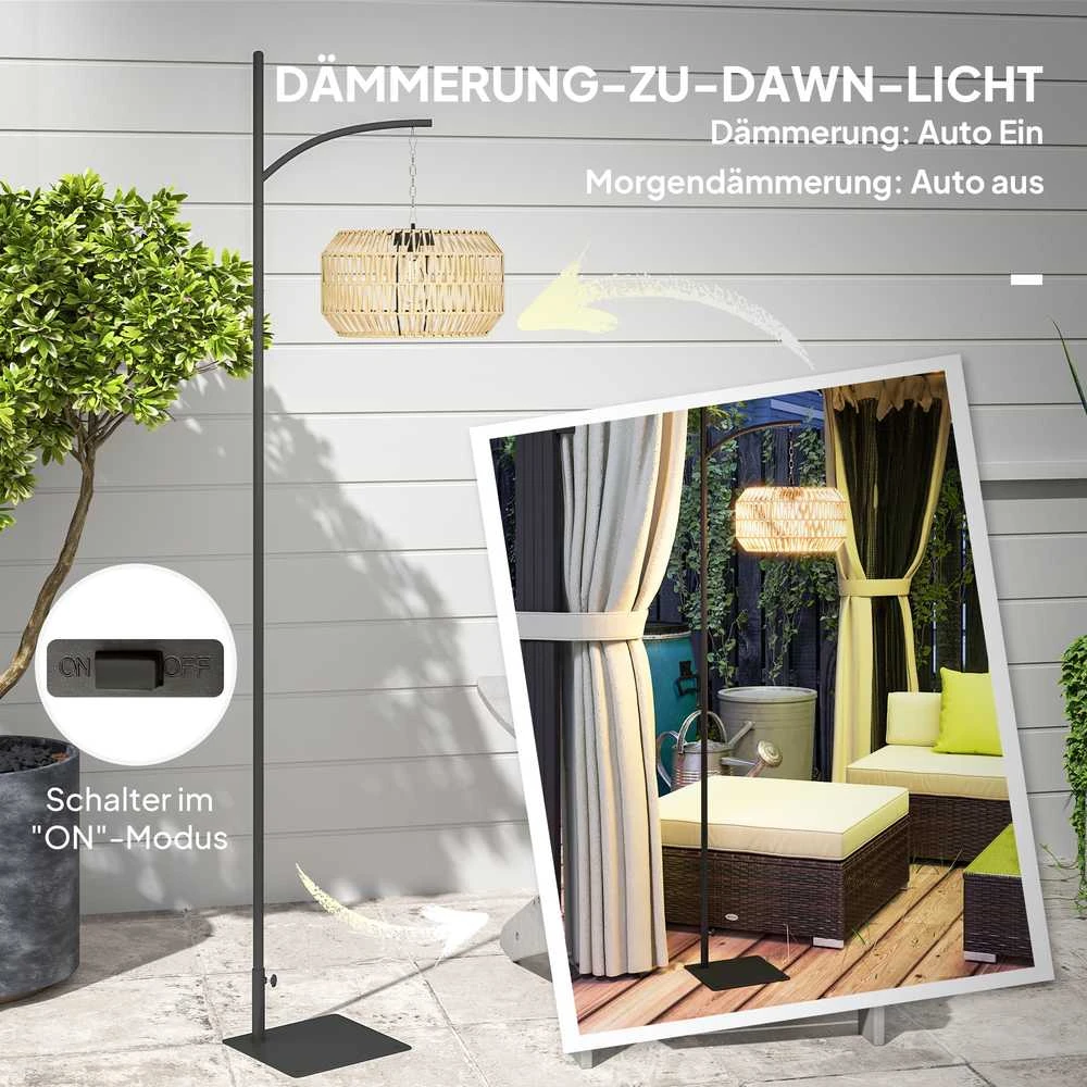 Outsunny saulės energija varoma rotango grindų lempa, saulės šviestuvai su šviesos jutikliu, automatinis boho stiliaus saulės šviestuvas, IP44 atsparus vandeniui, lauko žibintas sodui, balkonui, kiemui