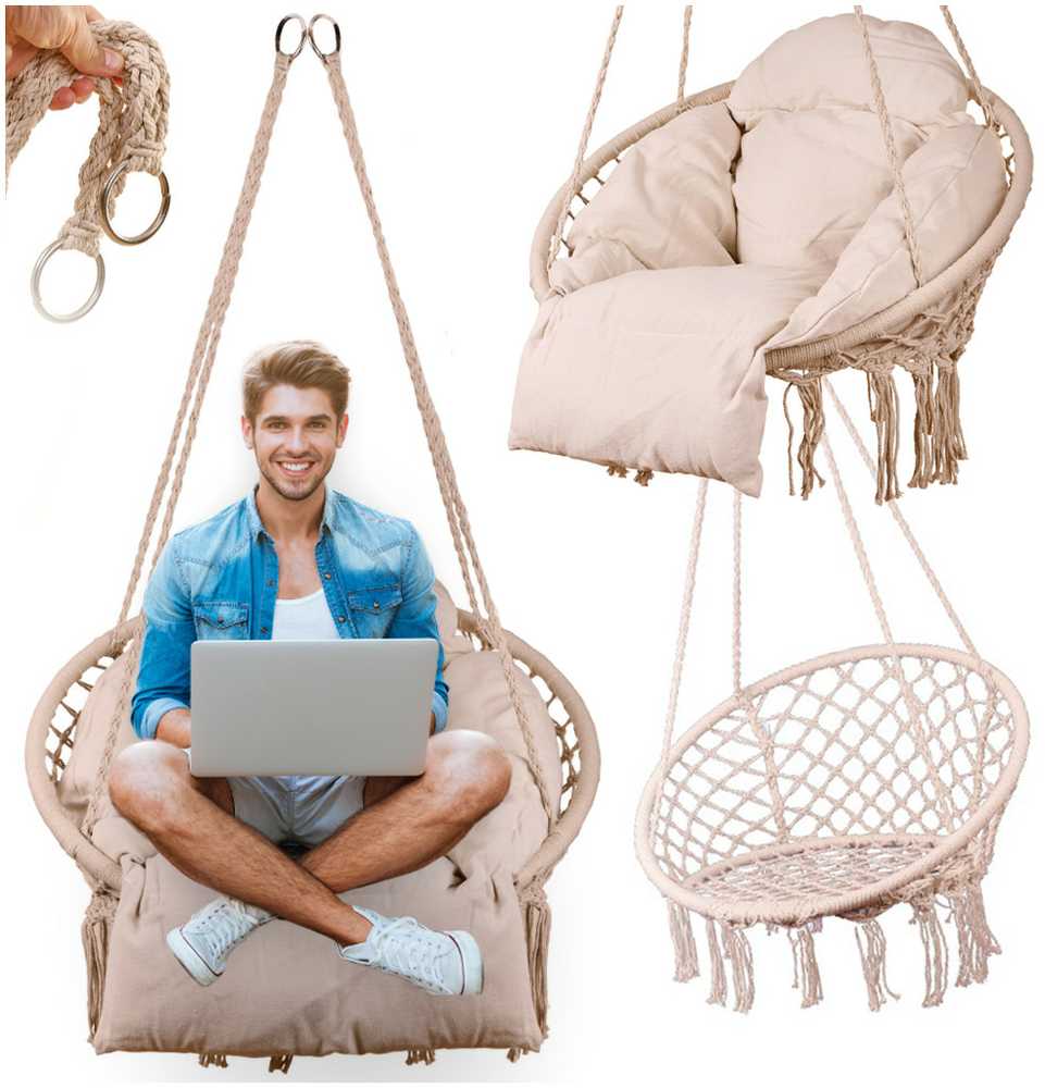 Boho stiliaus pakabinamas krėslas su pagalve, 120 kg, ecru spalvos