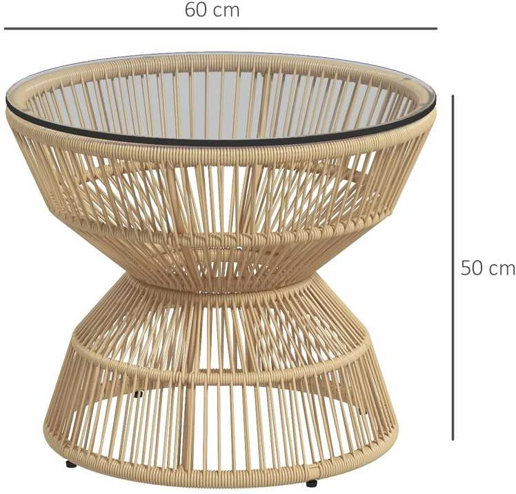 Outsunny rotango šoninis staliukas, Ø60 cm kavos staliukas, sodo staliukas su grūdinto stiklo stalviršiu, boho stiliaus balkono staliukas, kavos staliukas, natūralios medienos spalva