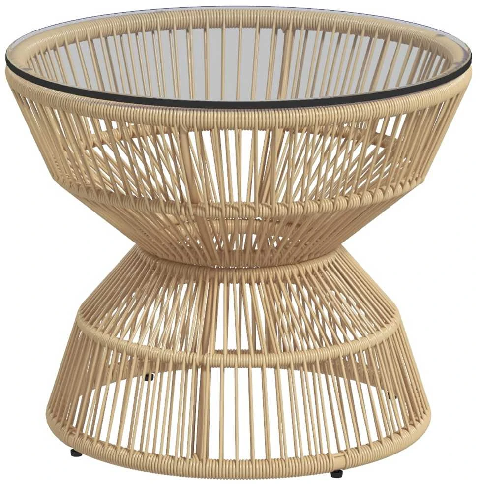 Outsunny rotango šoninis staliukas, Ø60 cm kavos staliukas, sodo staliukas su grūdinto stiklo stalviršiu, boho stiliaus balkono staliukas, kavos staliukas, natūralios medienos spalva