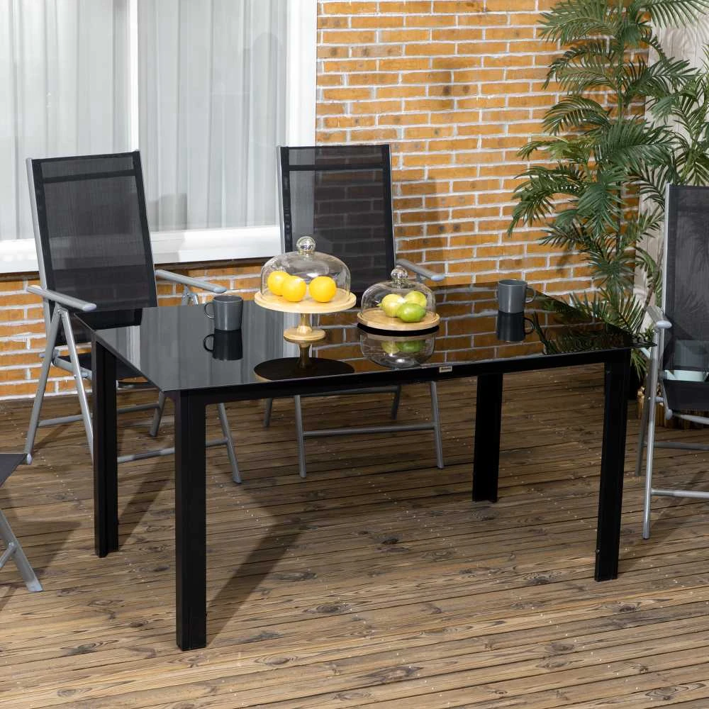 Outsunny sodo stalas, lauko valgomojo stalas 6 asmenims, terasos stalas su stikliniu stalviršiu, aliuminio vakarėlių stalas, balkono stalas, juodas, 150 x 90 x 74 cm