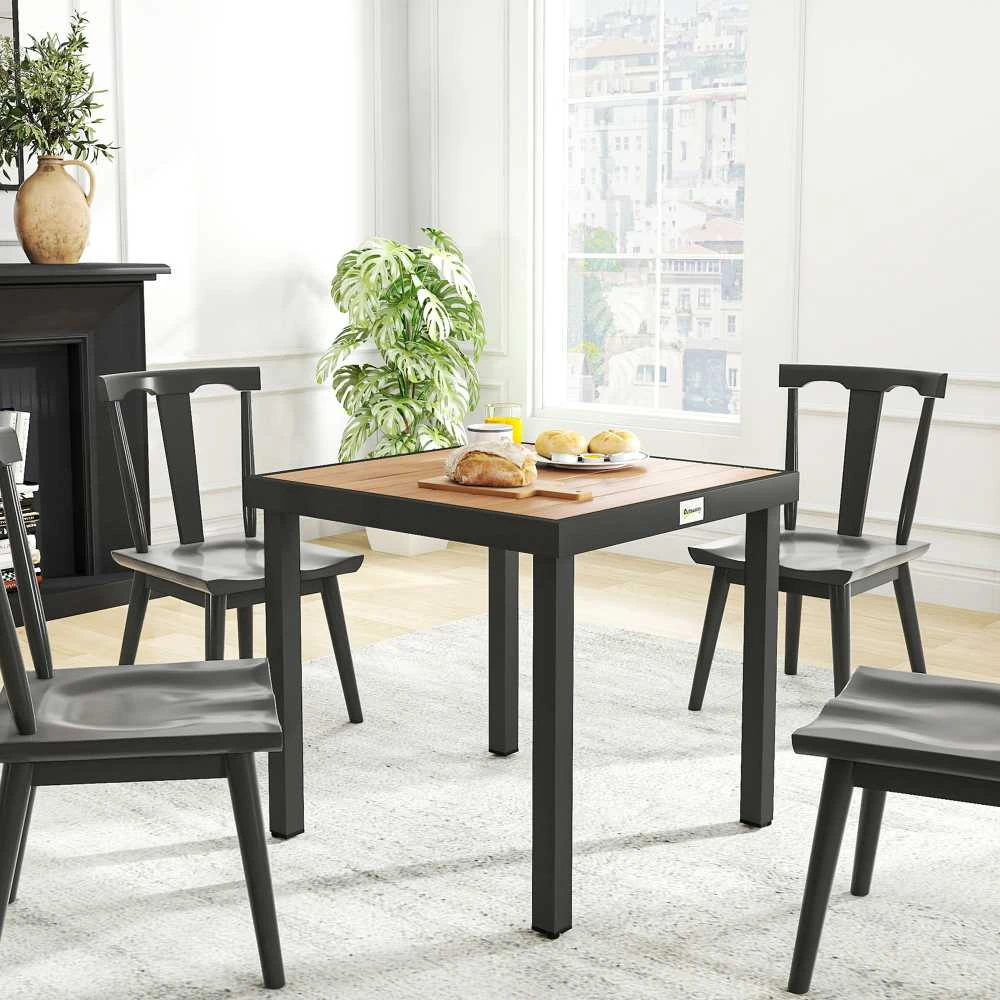 Outsunny sodo stalas 4 asmenims, pietų stalas, aliuminis stalas, sodo baldai, poilsio baldai, lengvai prižiūrimas, plastikas, natūrali + juoda spalva, 80 x 80 x 74 cm