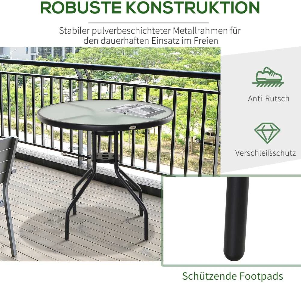 Outsunny sodo stalas balkono stalas bistro stalas su skėčio anga grūdintas stiklas + metalas juodas Ø80 x 72 cm