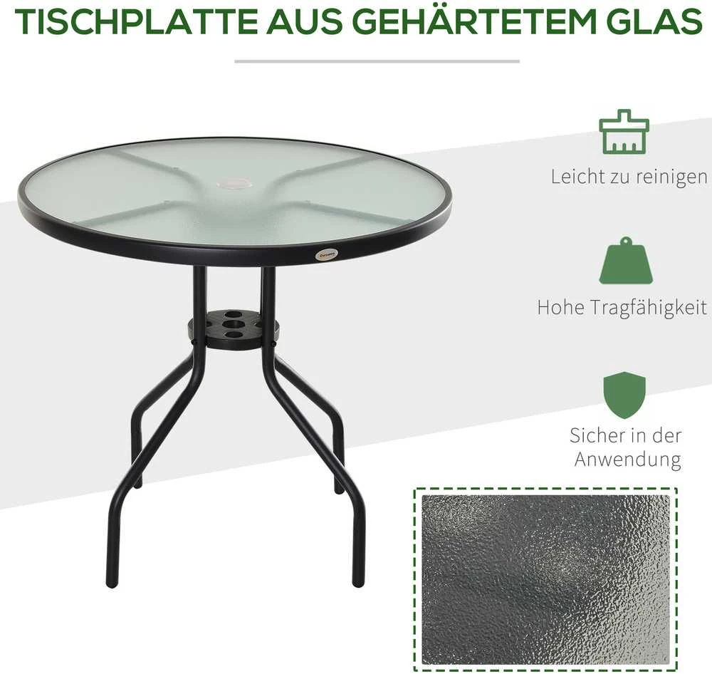 Outsunny sodo stalas balkono stalas bistro stalas su skėčio anga grūdintas stiklas + metalas juodas Ø80 x 72 cm