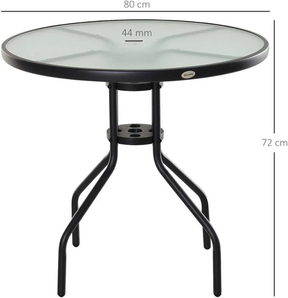 Outsunny sodo stalas balkono stalas bistro stalas su skėčio anga grūdintas stiklas + metalas juodas Ø80 x 72 cm