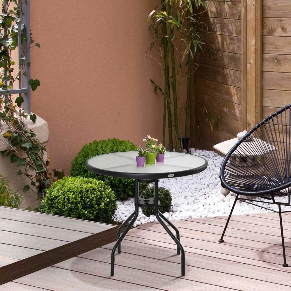 Outsunny sodo stalas balkono stalas bistro stalas su skėčio anga grūdintas stiklas + metalas juodas Ø80 x 72 cm