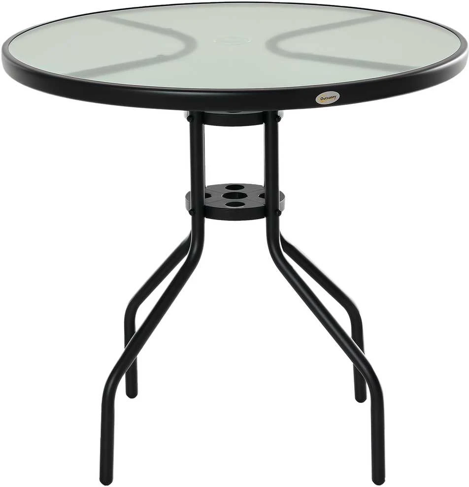 Outsunny sodo stalas balkono stalas bistro stalas su skėčio anga grūdintas stiklas + metalas juodas Ø80 x 72 cm