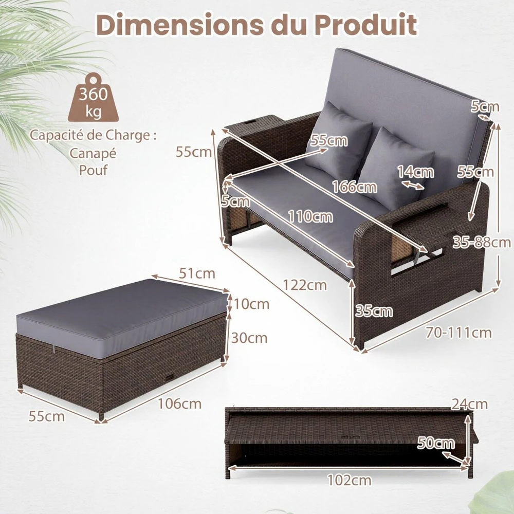 Lauko suoliukas su 4 padėčių reguliuojamu atlošu ir pufu su daiktadėže, mišrios rudos spalvos, 166/122 × 70–111 × 55–88 cm, 2 dalių