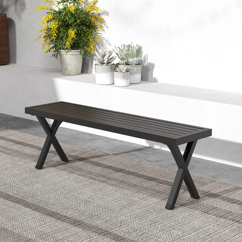 Lauko suoliukas su grotelinė sėdyne ir X formos kojomis, juodas, 137,2 × 35,6 × 45,7 cm