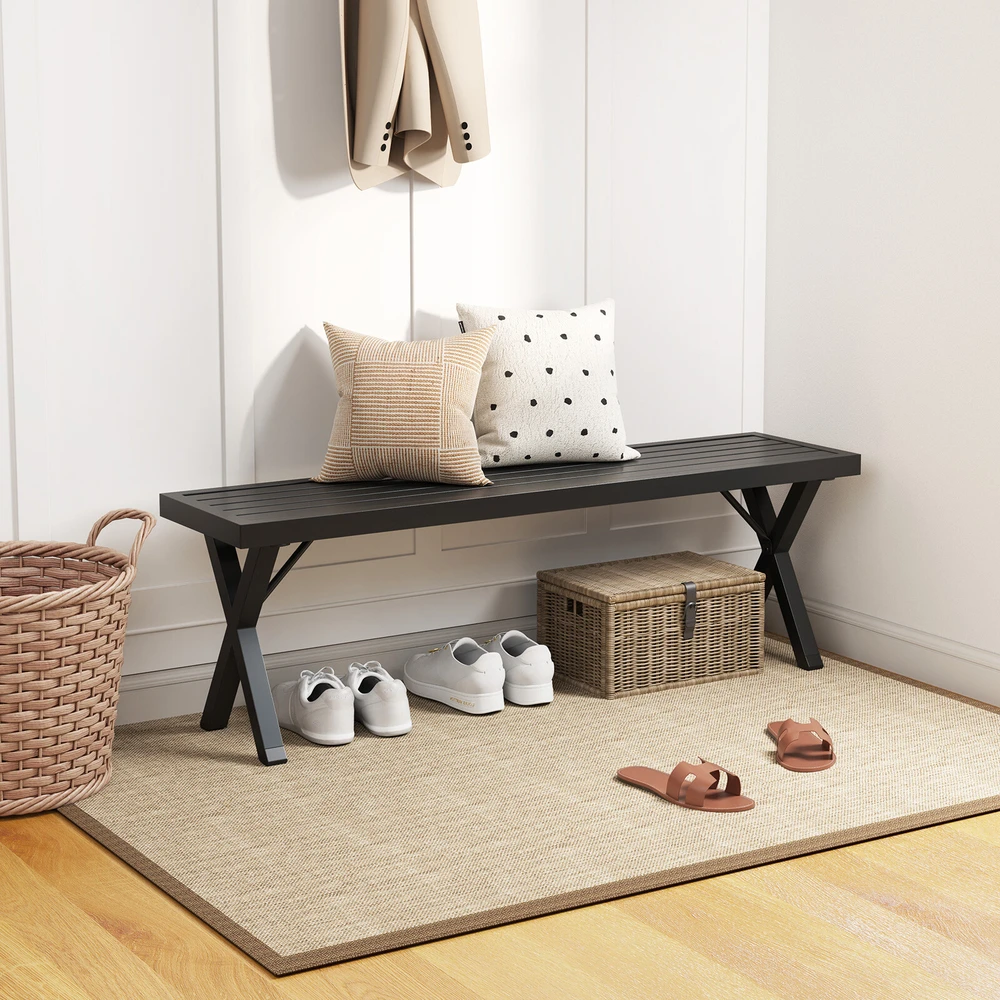 Lauko suoliukas su grotelinė sėdyne ir X formos kojomis, juodas, 137,2 × 35,6 × 45,7 cm