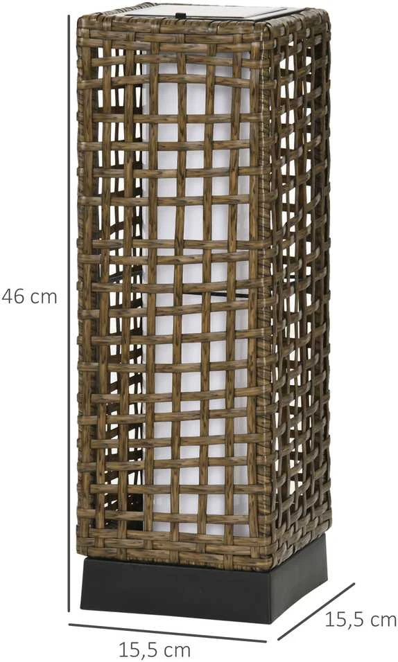„Outsunny“ saulės energija maitinamas šviestuvas, „Rattan“ dizainas, vandeniui atsparus, su šviesos jutikliu, LED lauko šviestuvas, 15,5 x 15,5 x 46 cm