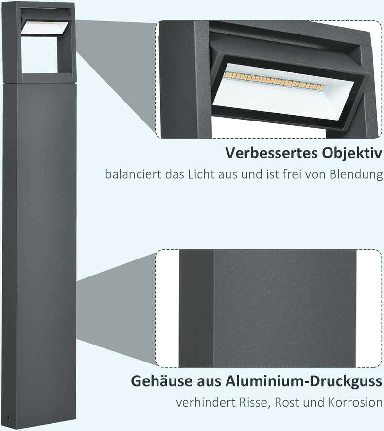 Outsunny sodo šviestuvas, stulpelinis šviestuvas su šiltai balta LED šviesa, reguliuojamu pasvirimo kampu, IP65, aliuminis, lauko erdvėms, tamsiai pilkas